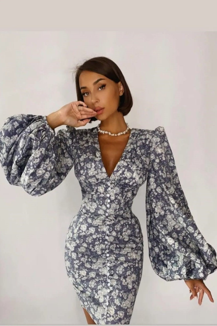 Floral Lantern Sleeve Pleated Pencil Dress image 0