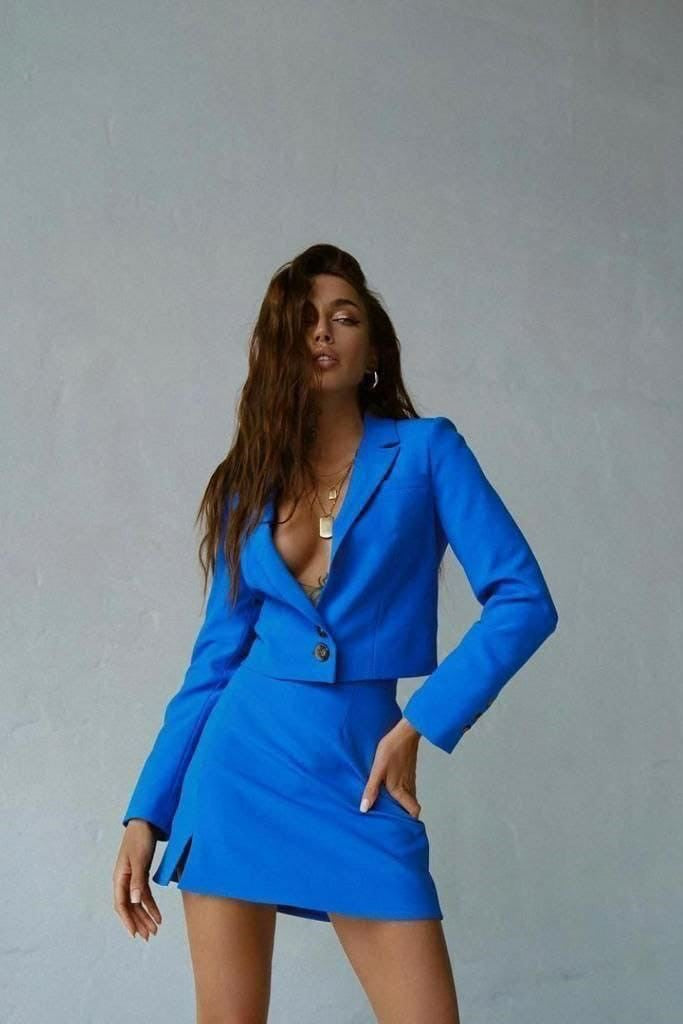 Royal Blue Crop Blazer and Skirt Set<span> - </span>Small image