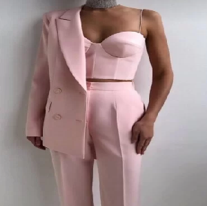Pink Long Sleeved Blazer, Crop, and Pants Set image 0