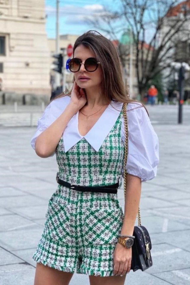Plaid Pattern Puff Sleeve Raw Hem Belted Tweed Romper image 0