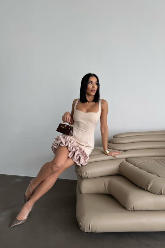 Beige Ruffle Satin Short Dress image 2