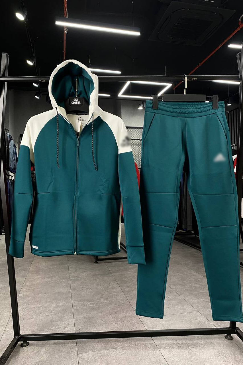 Scuba White & Green Blue Zip Up Drawstring Hoodie With Sweatpants image 0