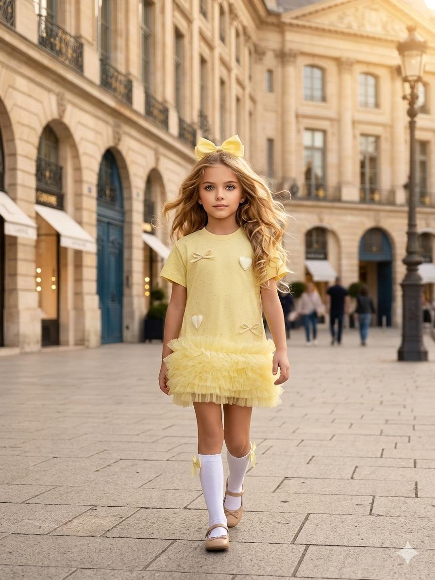 Girls Fashion Round Neck with Tutu Tulle Dress - with Knee High Socks - and Bowtie