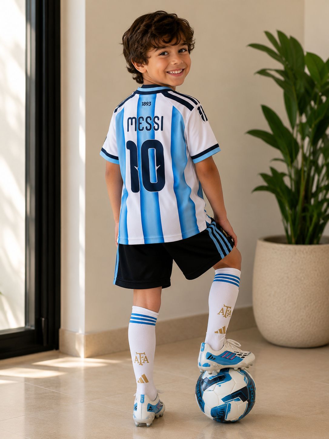 Boy showing back of Argentina Adidas football kit with Messi 10 on jersey, black shorts and white socks