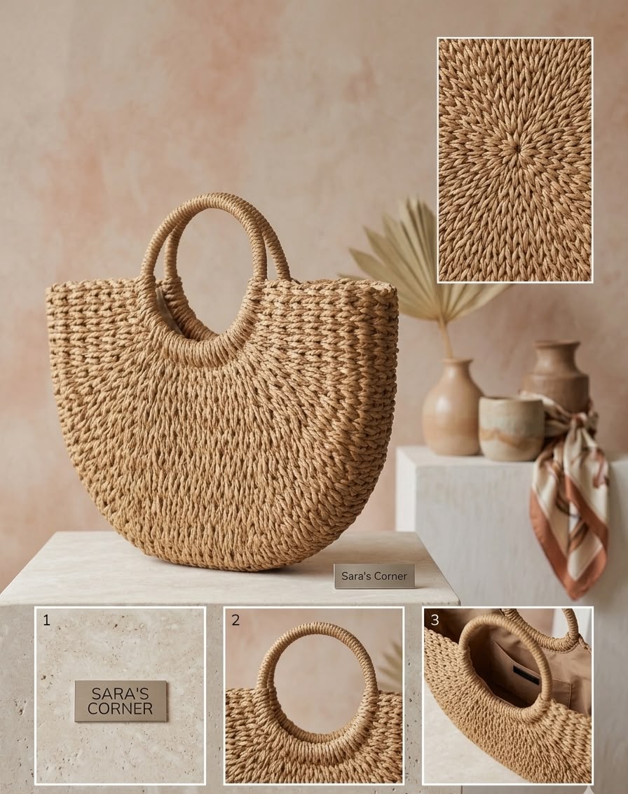 Carmela Half-Moon Woven Straw Bag