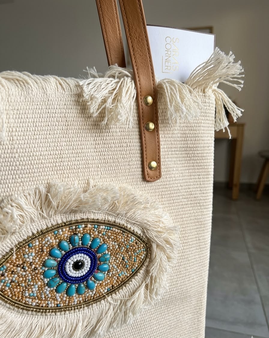 Boho Tote Bag with Beaded Evil Eye Medallion & Leather Straps