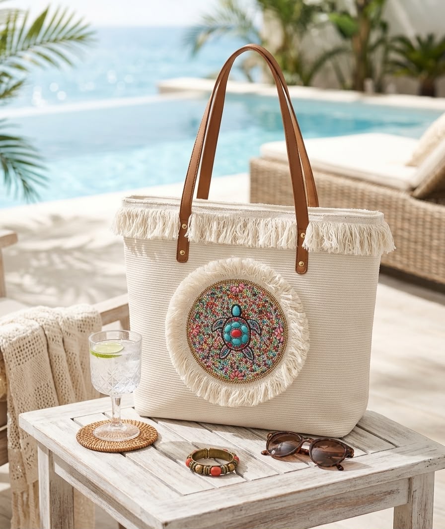 Boho Tote with Embroidered Sea Turtle & Leather Straps