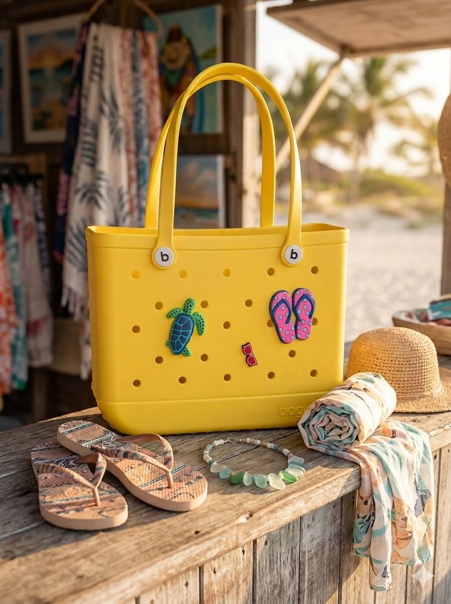 Yellow Waterproof Beach Bag with Perforated Holes and Charms