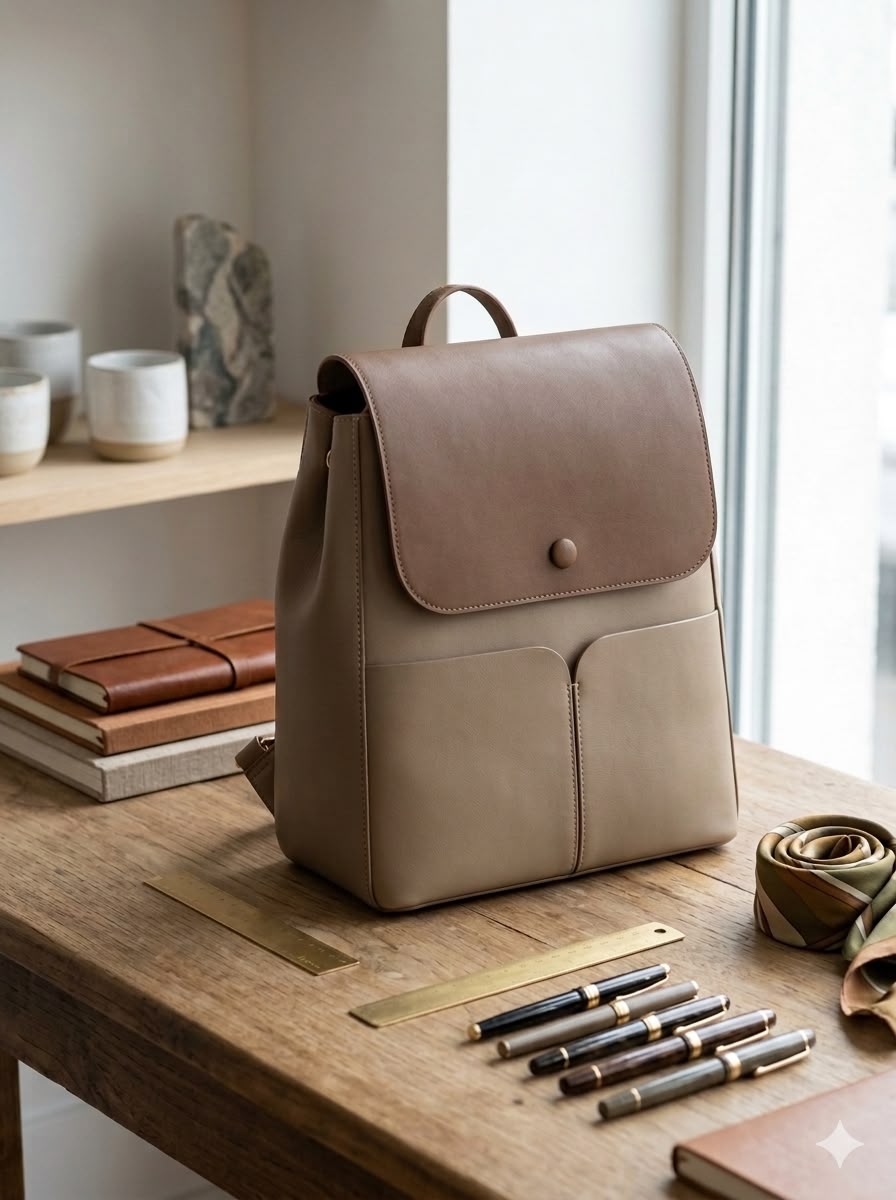 Brown & Camel Leather Backpack with Front pockets and Top Handle