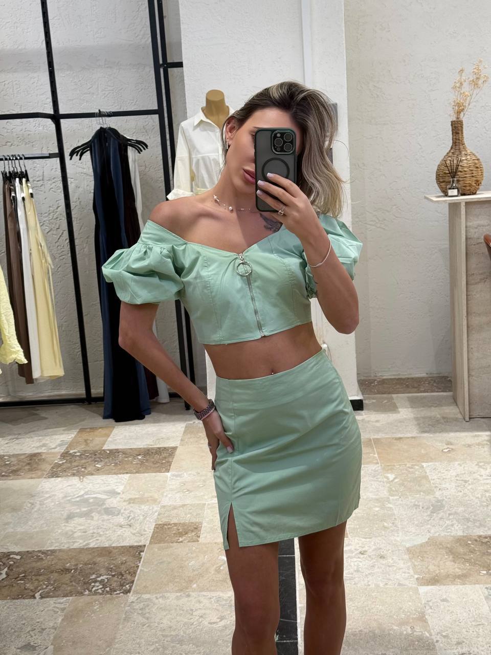 Mint Green Ring-Zipper Puff Sleeve Crop Top and Matching Skirt