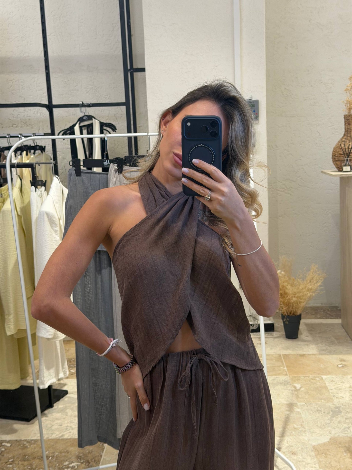Brown Linen Crossover Neck Pleated Top and Pants Set