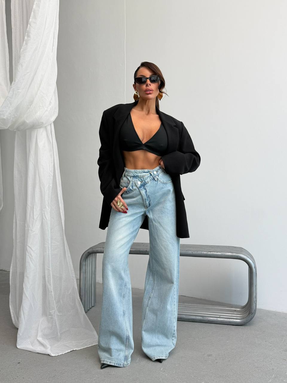 Asymmetric Crossover Waist Wide-Leg Jeans