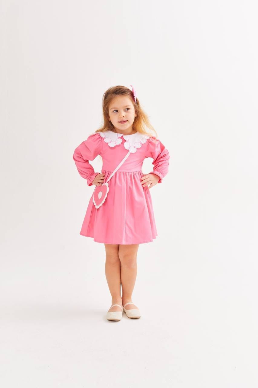 Pink Cotton Linen dress with heart charm purse