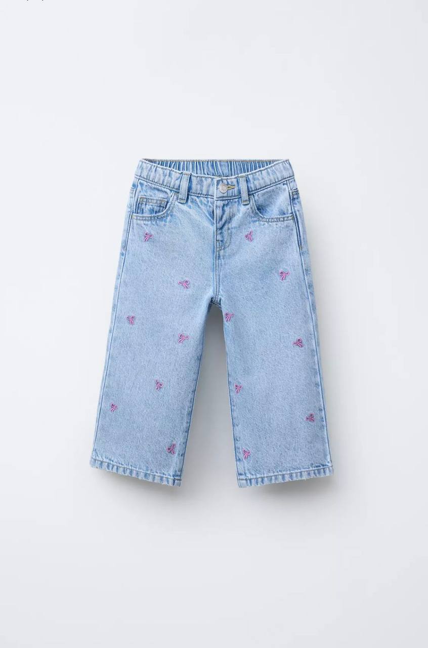 Embroidered Culotte Wide Leg Pink Bow Jeans