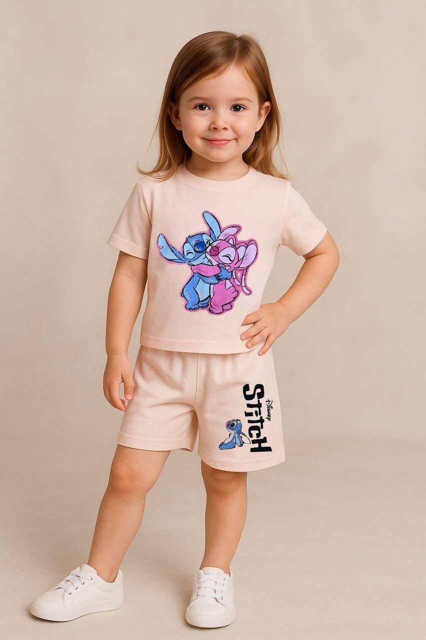 Disney Stitch and Angel Girls' Detail Cotton Summer Outfit Set short and sweatshirt -