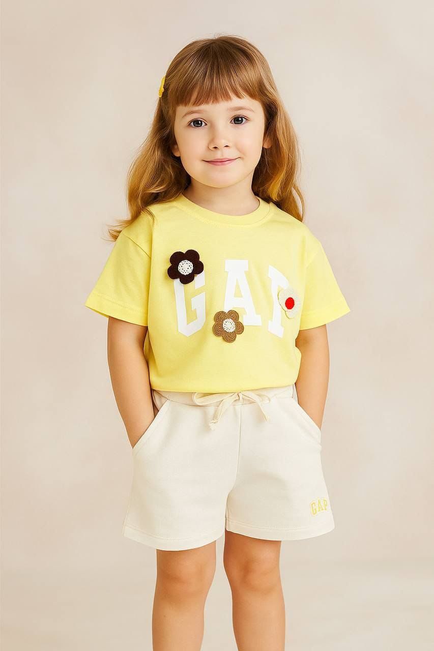 GAP Girls Set - Yellow Top with Embroidered Flowers and Shorts