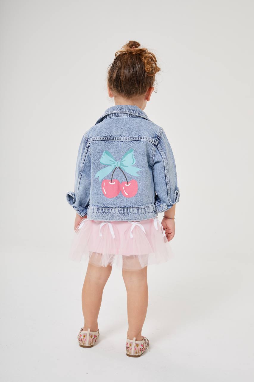 Girls Spring Denim Jacket with Pink Cherry Print on the back