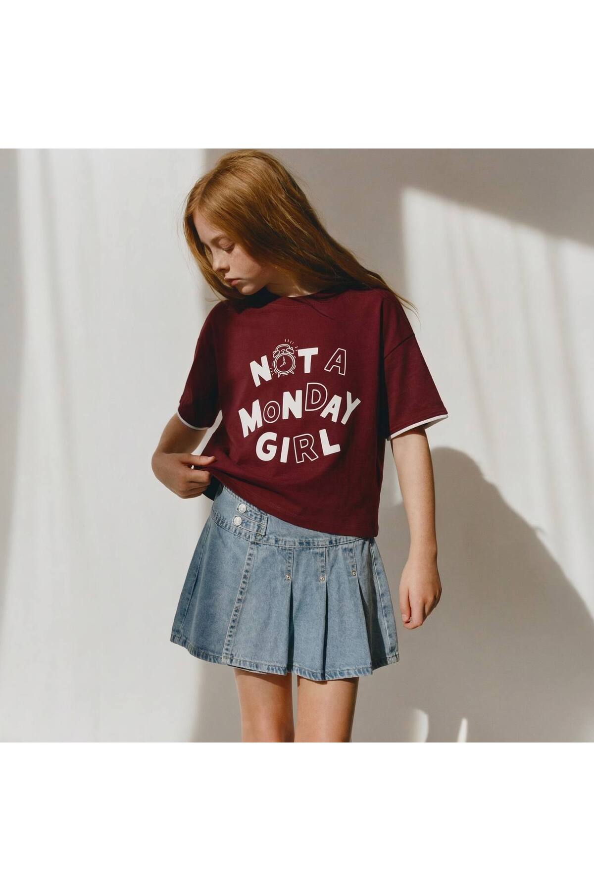 “NOT A MONDAY GIRL” Burgundy T-shirt with a Denim Skort Set