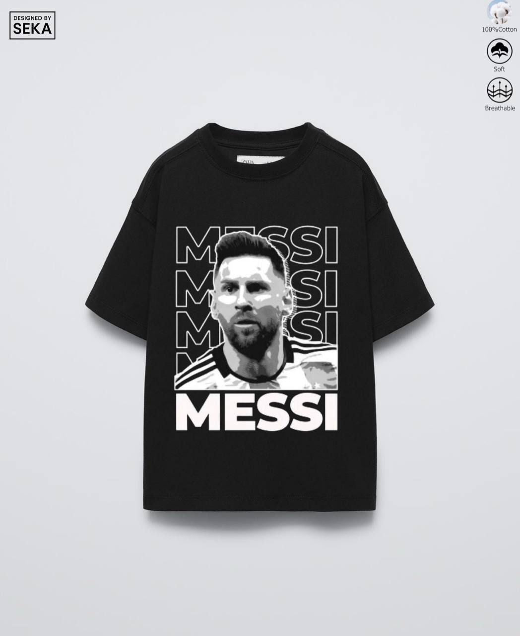 Black Graphic T-shirt Featuring Portrait of Lionel Messi