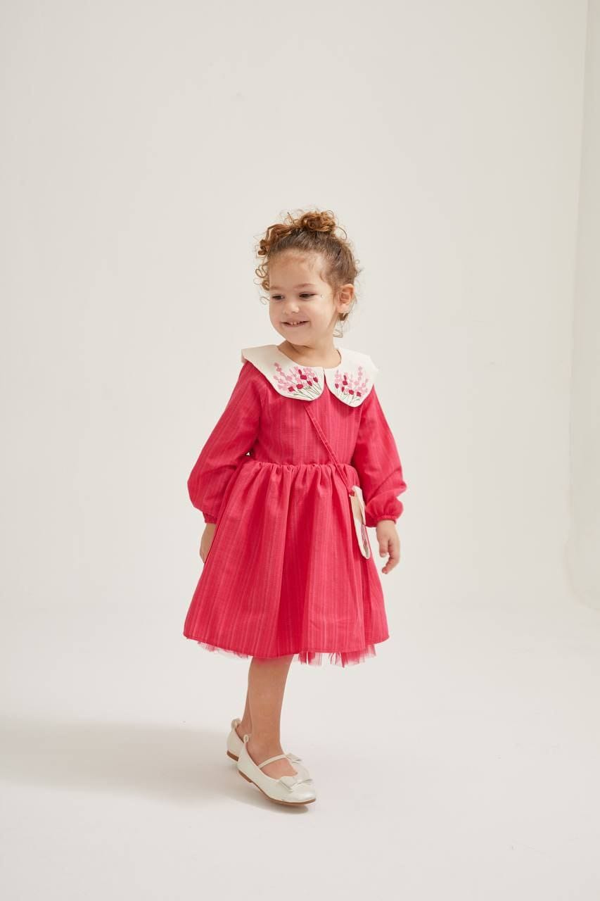 Rose Pink Floral Dress with embroidered collar and bag