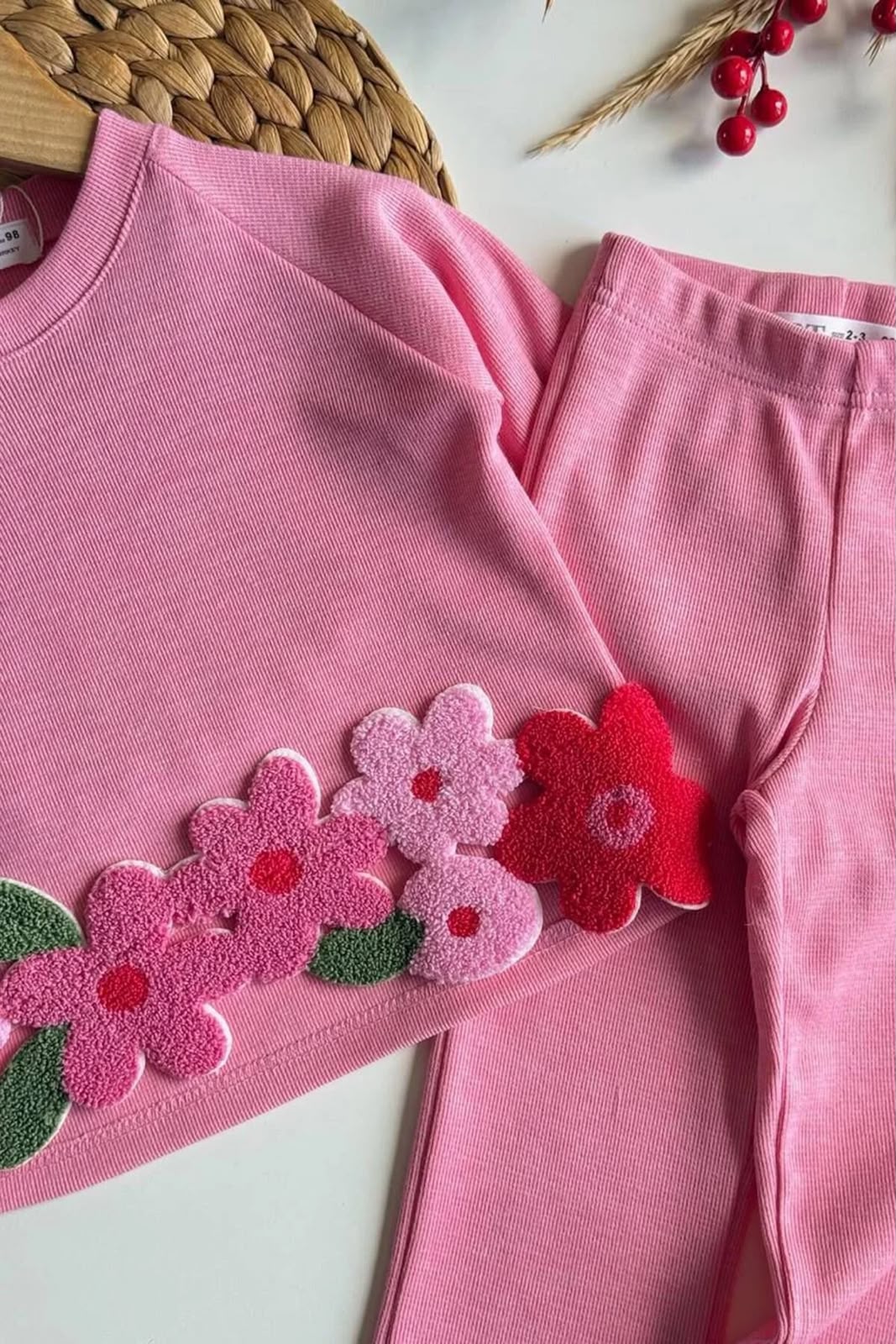 Girls' Pink Floral Appliqué 2-Piece Set