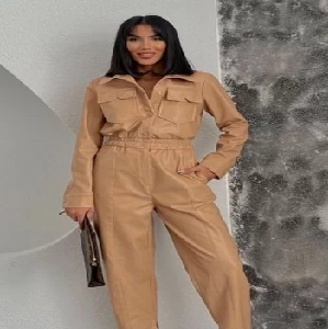 PU Leather Shirt Camel Jumpsuit image 0