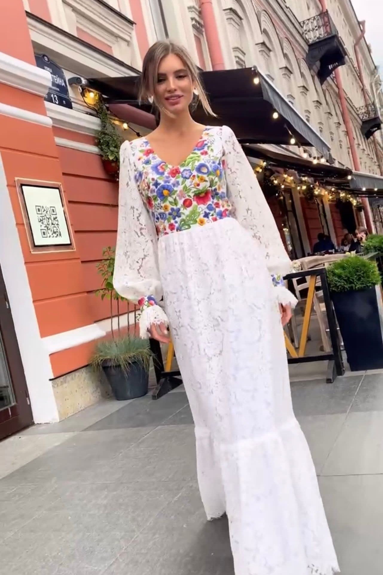 Lantern Sleeve Floral Dress-White image 1