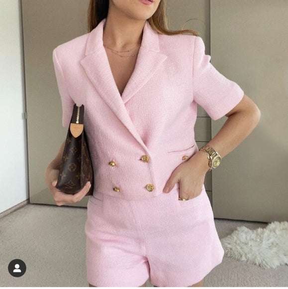 Zara Model 2 Piece Textured Weave Cropped Blazer + Shorts image 3