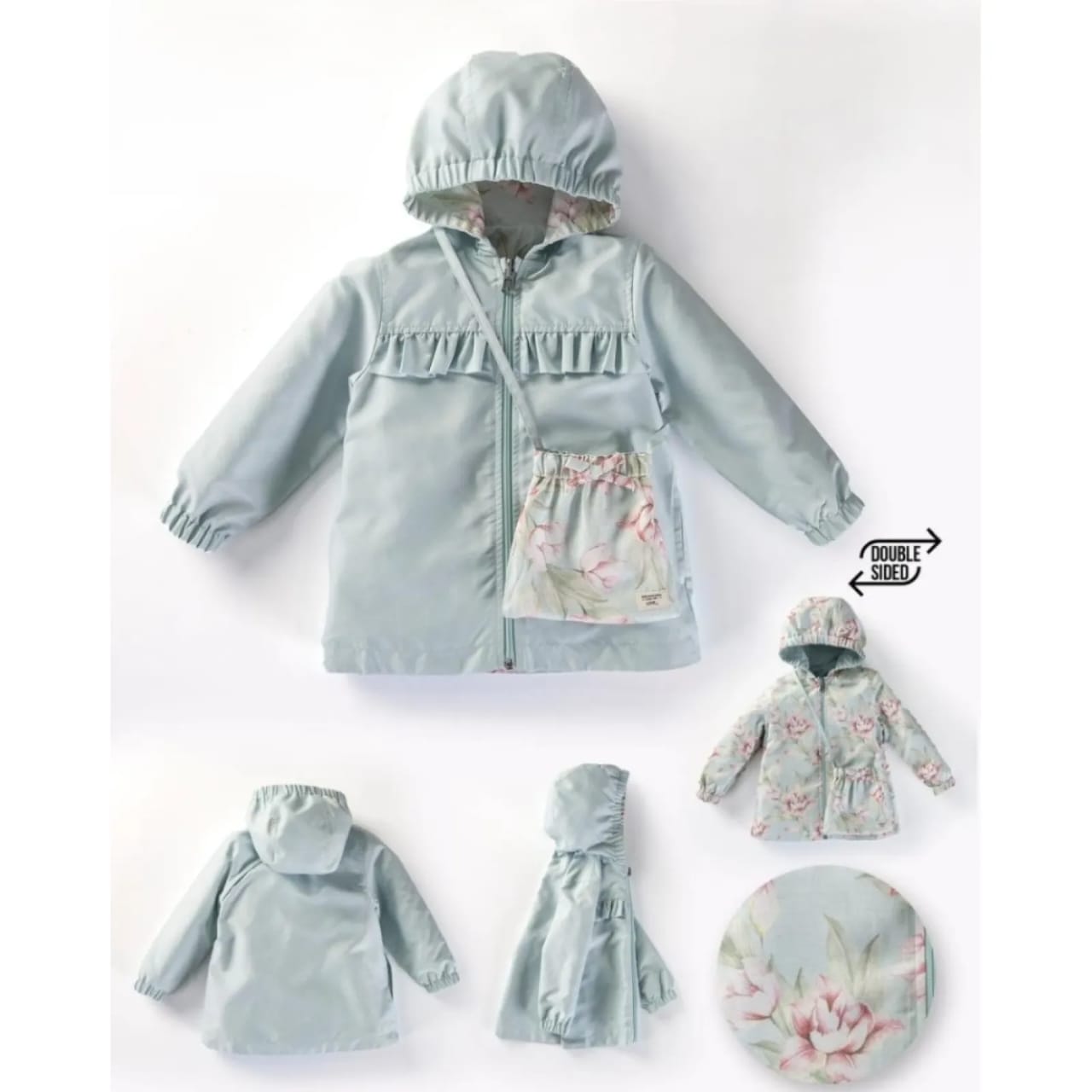 Double faced Wind and rain resistant floral girl raincoat - seasonal coat with double sided Bag image 0