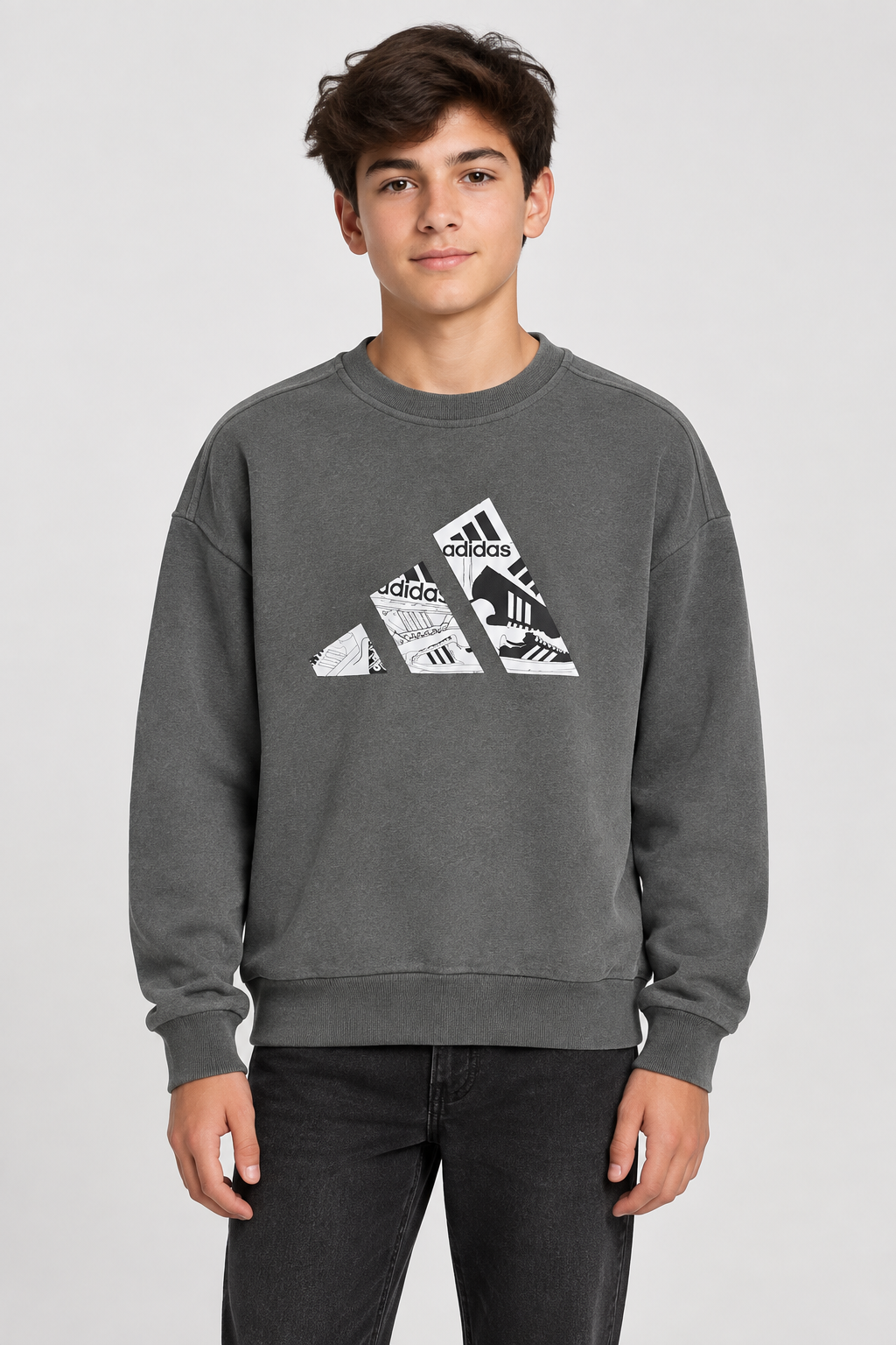 Gray sweatshirt modeled on a 14-year-old boy