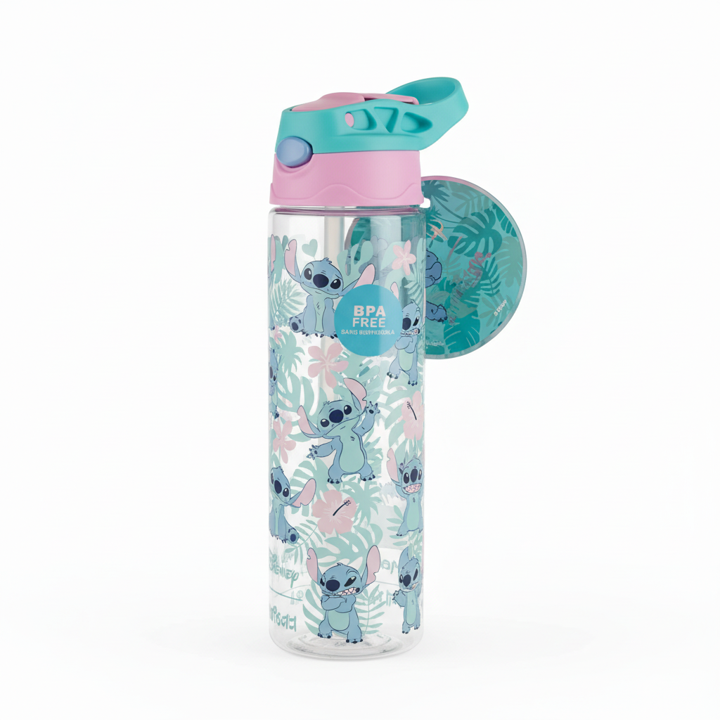 Disney Stitch kids water bottle with tropical print on white background