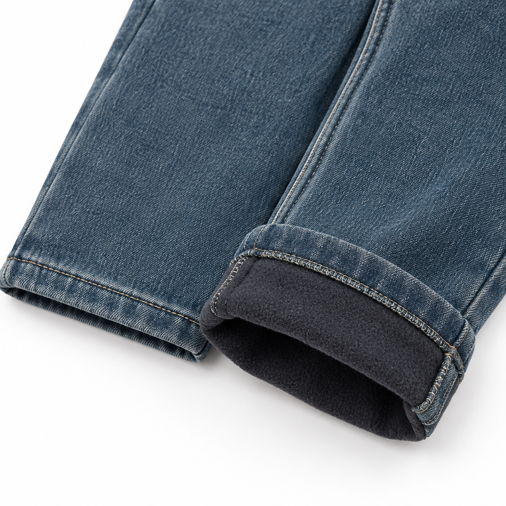 Turned-up jeans cuff showing dark fleece lining