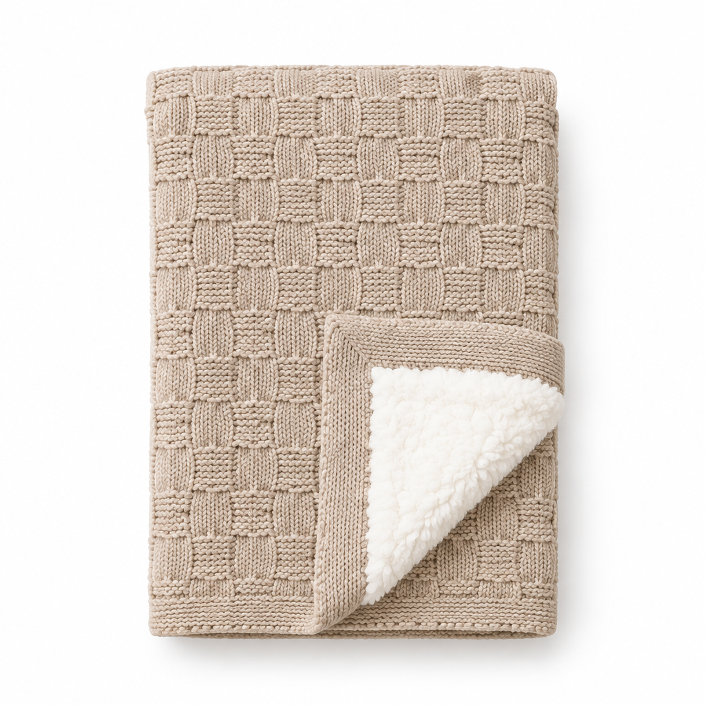 Beige textured knit baby blanket with white plush lining