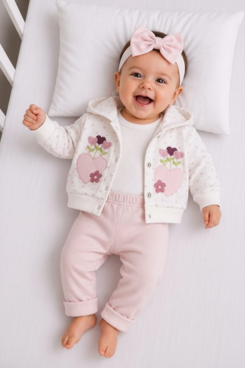 Baby girl wearing cream floral embroidered jacket set with pink bow headband