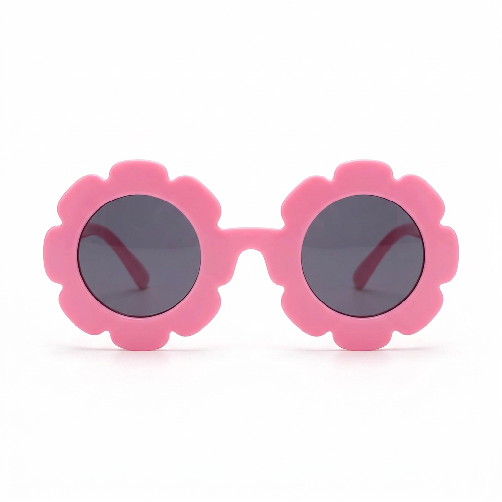 Kids’ pink flower sunglasses on a white background