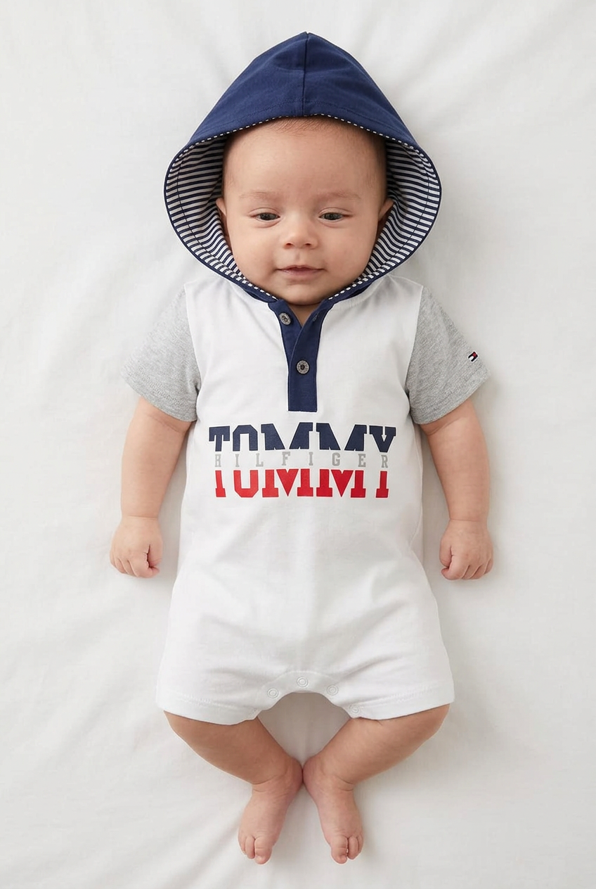 Three-month-old baby wearing the white and navy hooded romper