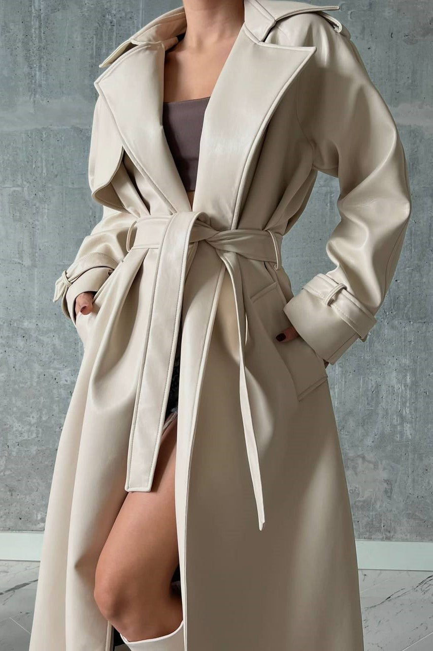 Cream Leather Belted Trench Coat image 0