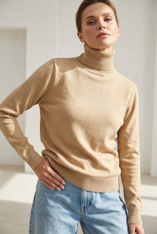 Women's Beige Fleece-Lined Turtleneck Sweater