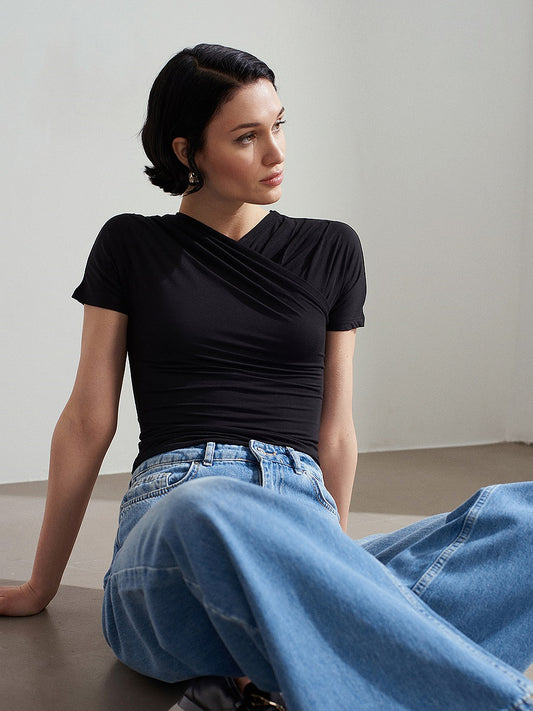 Black crossover pleated neckline short sleeve top