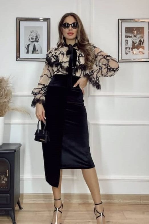 Split Ruffle Top Velvet Bottom Dress image 0