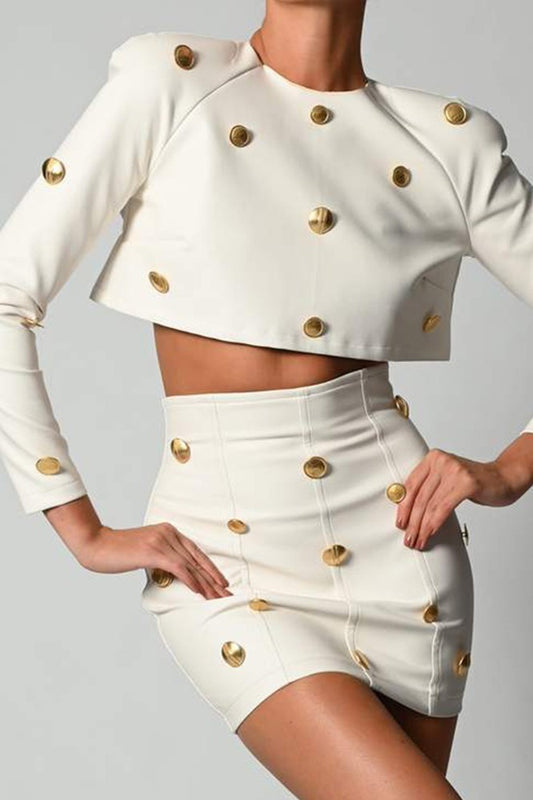 Vegan Leather Long Sleeve Crop Top and Skirt with Gold Button image 0