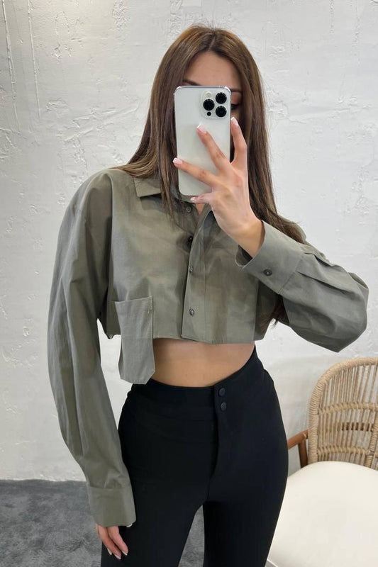 Long Sleeve Button Up Oversized Shirt- Khaki image 0