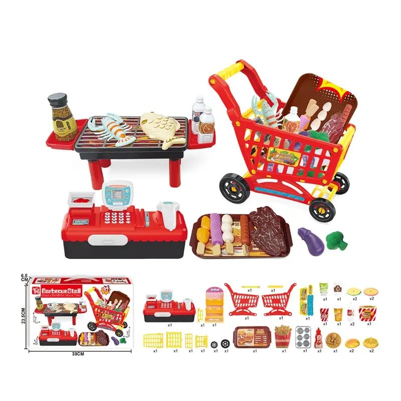 BBQ Shopping Cart Cash Register Toys Kids 3 In 1 image 1
