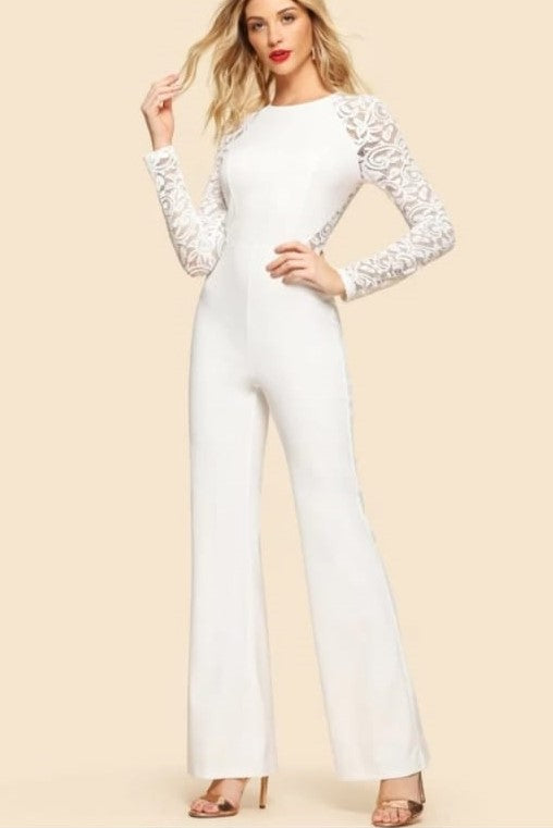 Lace Insert Reglan Sleeve Flare Hem Jumpsuit image 0