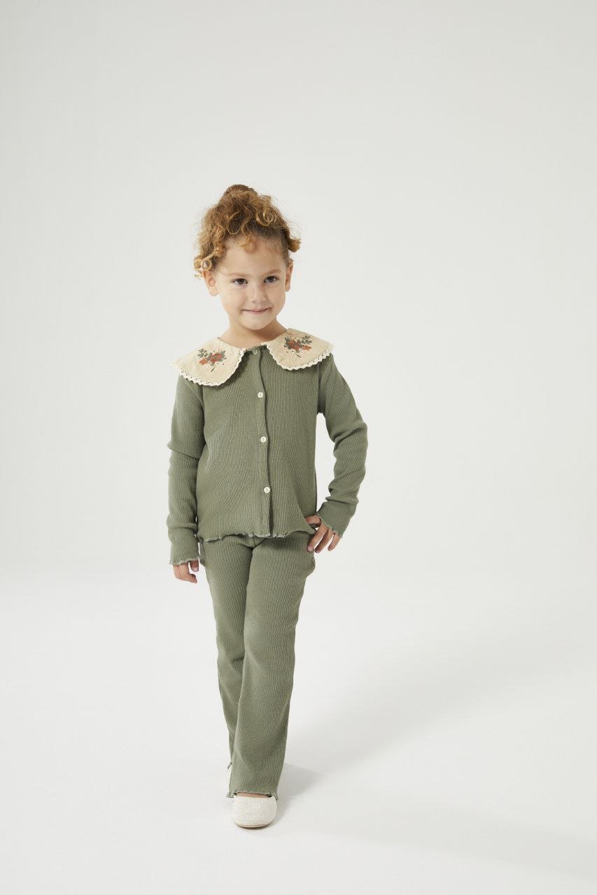 Olive Green Floral Embroidered Collar & Flared Legging Set