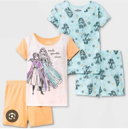 Girls' Frozen Elsa & Anna 4pc Snug Fit Pajama Set - Orange/Blue image 0