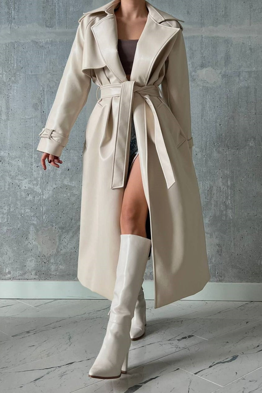 Cream Leather Belted Trench Coat image 3
