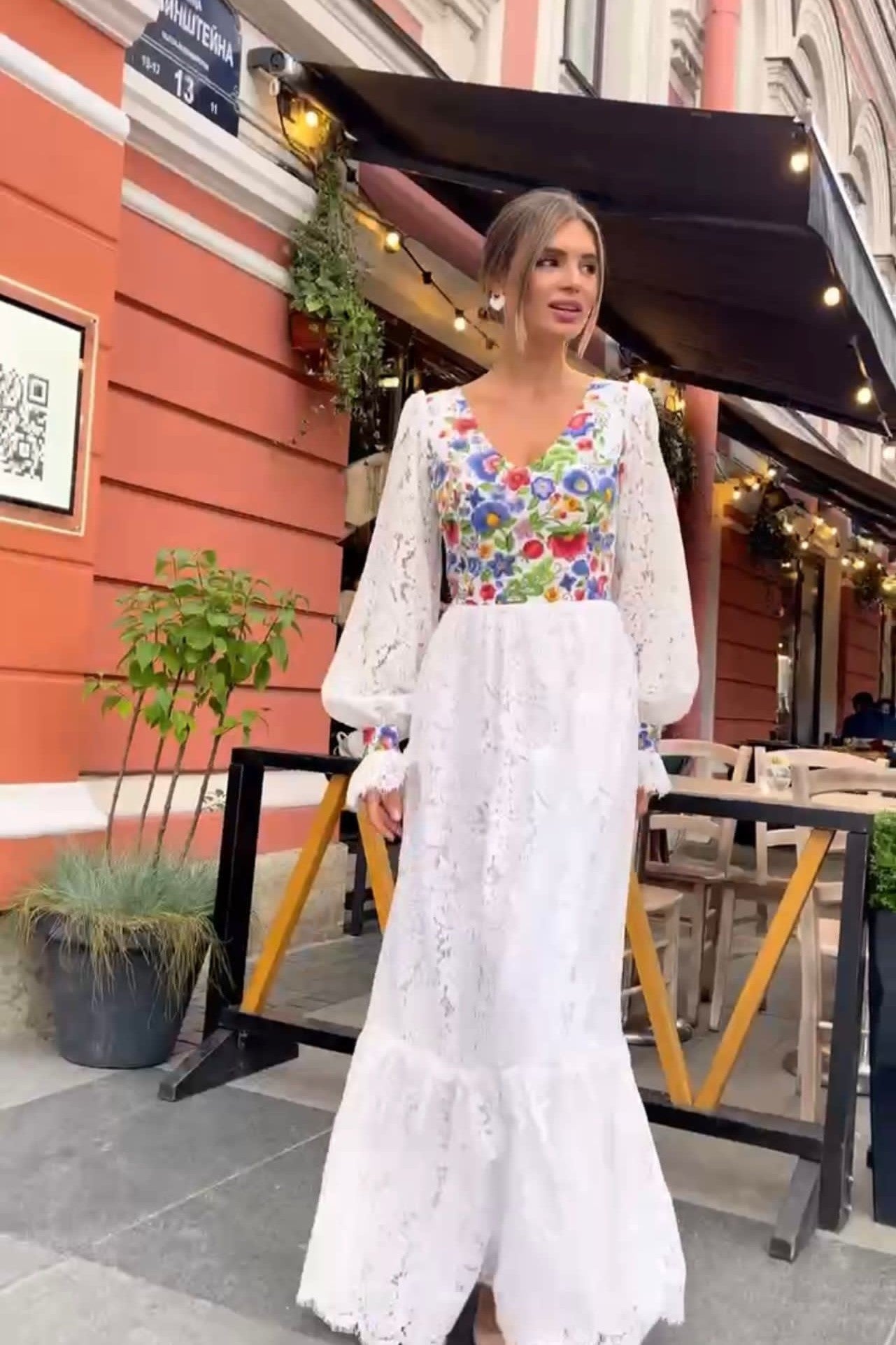 Lantern Sleeve Floral Dress-White image 0