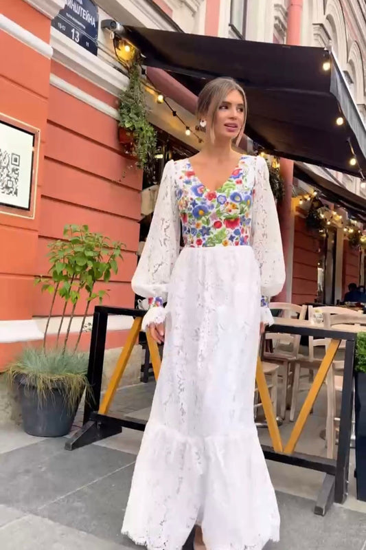 Lantern Sleeve Floral Dress-White image 0