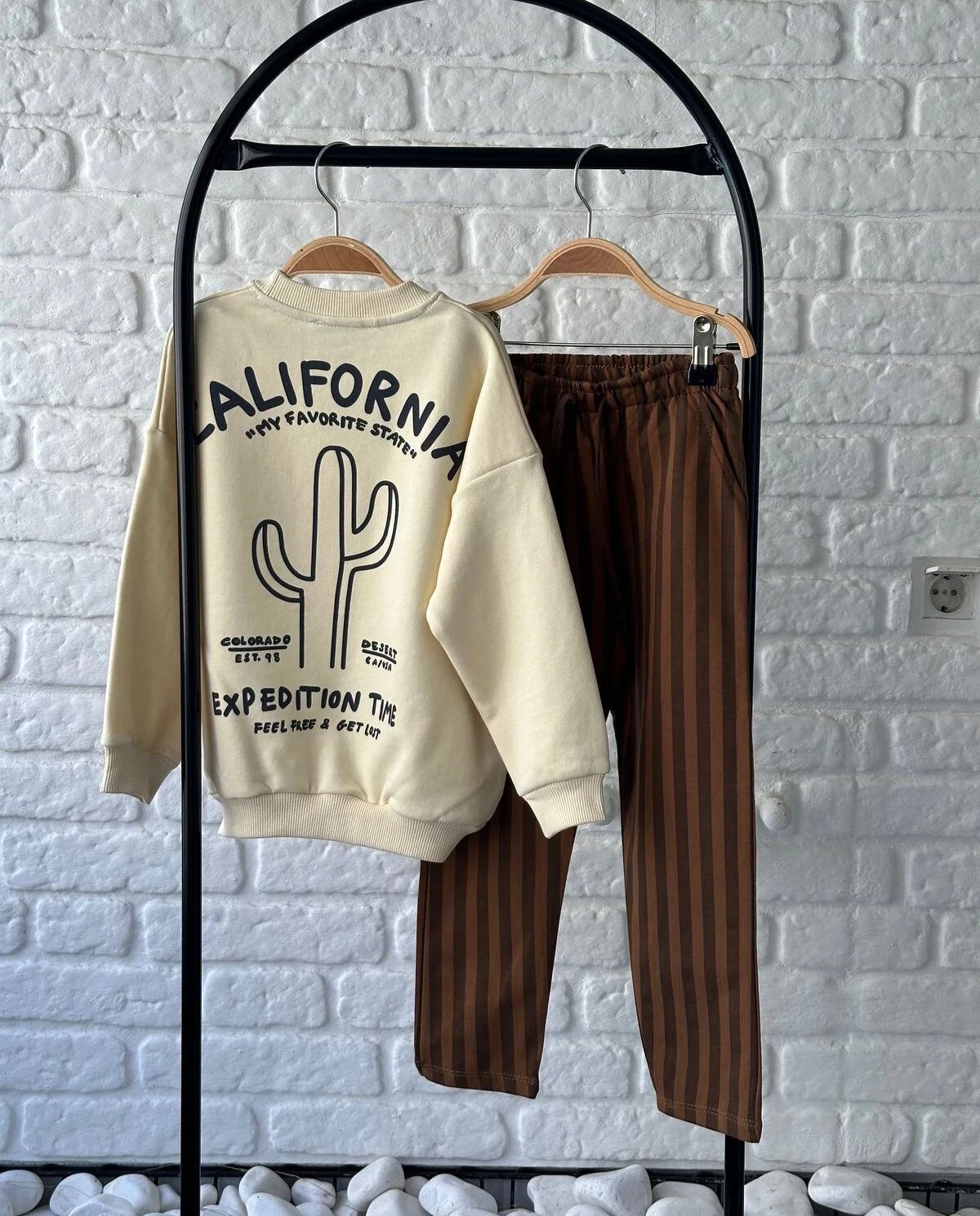 La’ciel Boys’ Two Piece Set- Cream Colored Sweater and Brown Pants with Vertical Stripes image 2